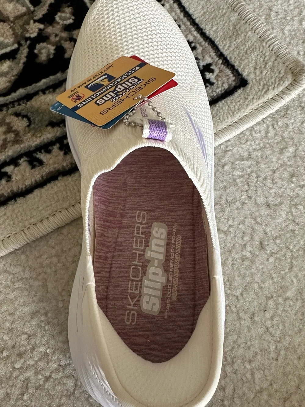 Skechers Women's Slip-On Knit Sneakers in Cream with Lavender Accents